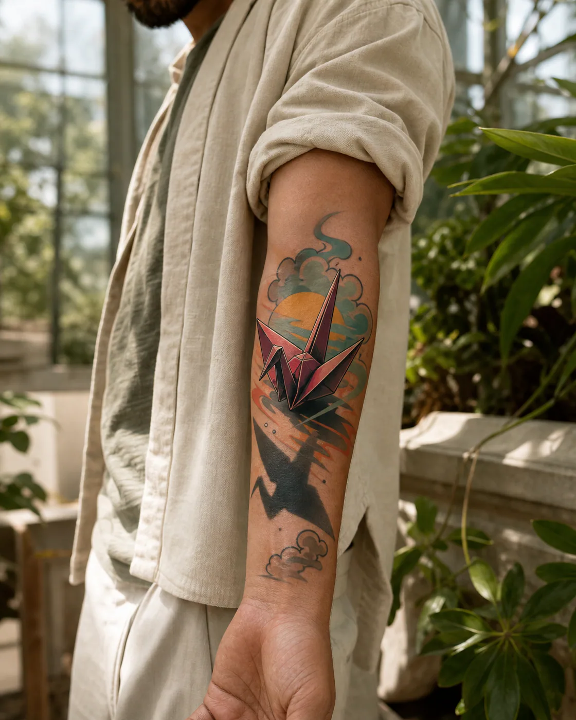New School tattoo of a folded paper crane casting a bird-shaped shadow on the forearm