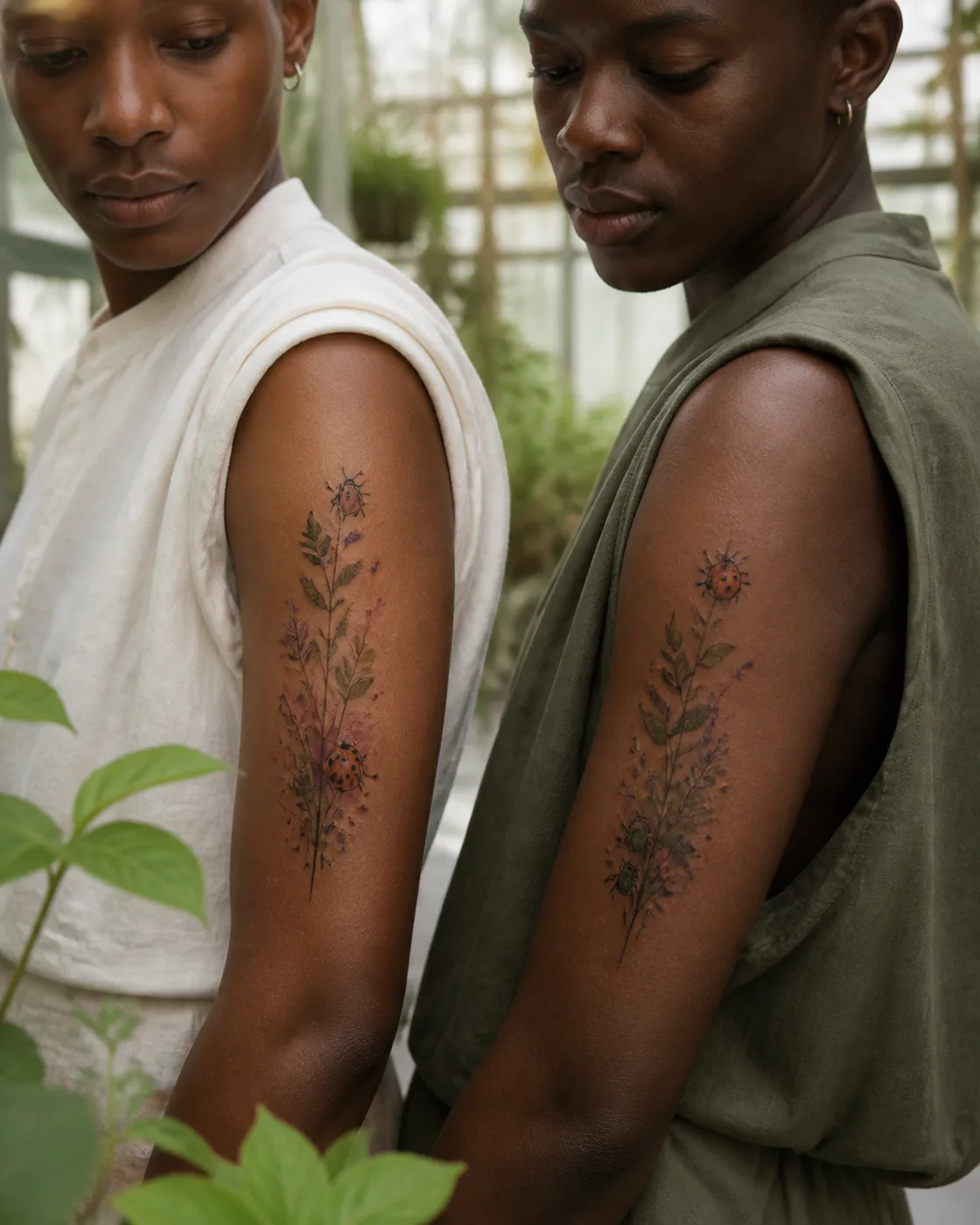 Watercolor tattoo of a tiny garden of buds, herbs, beetles, and dew drops as a complementary couple tattoo pair on the upper arm