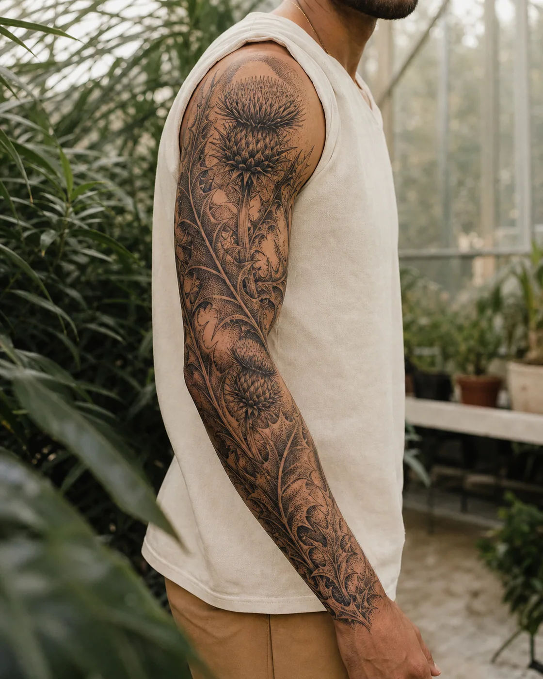 Dotwork tattoo of a flowering thistle guarded by sharp folded leaves on the full sleeve