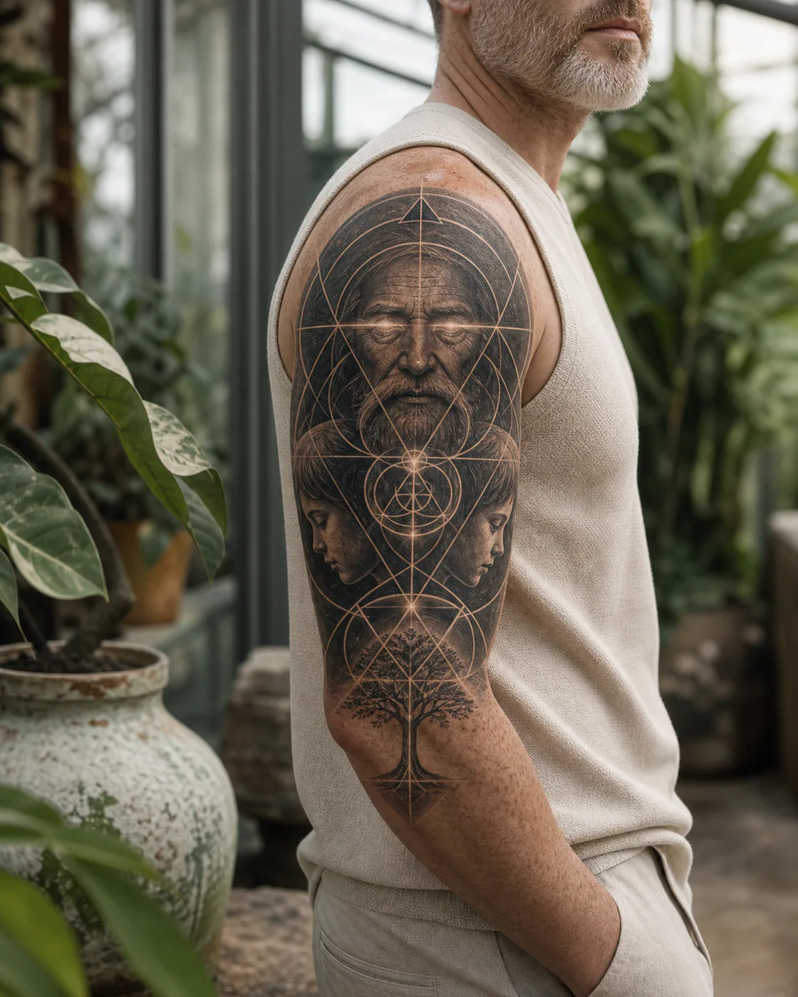 Geometric tattoo of an anonymous elder with light reflected across the eyes with a three-part family motif on the half sleeve
