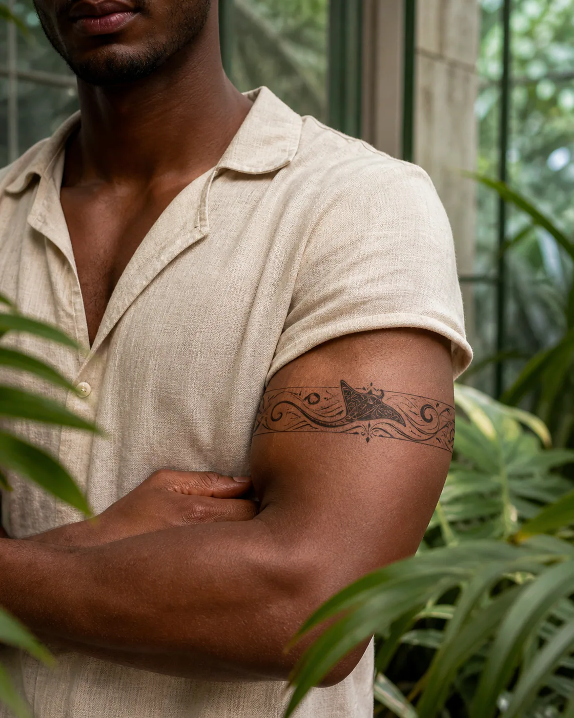 Ornamental tattoo of a manta ray gliding through ribbon-like currents on the armband