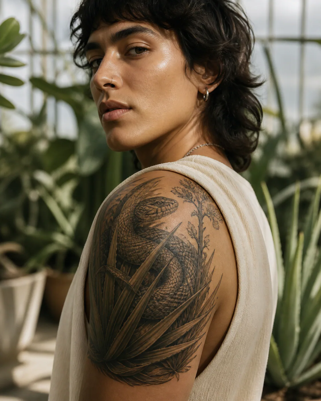 Illustrative tattoo of a rattlesnake weaving between yucca leaves executed as a healed cover-up on the shoulder cap