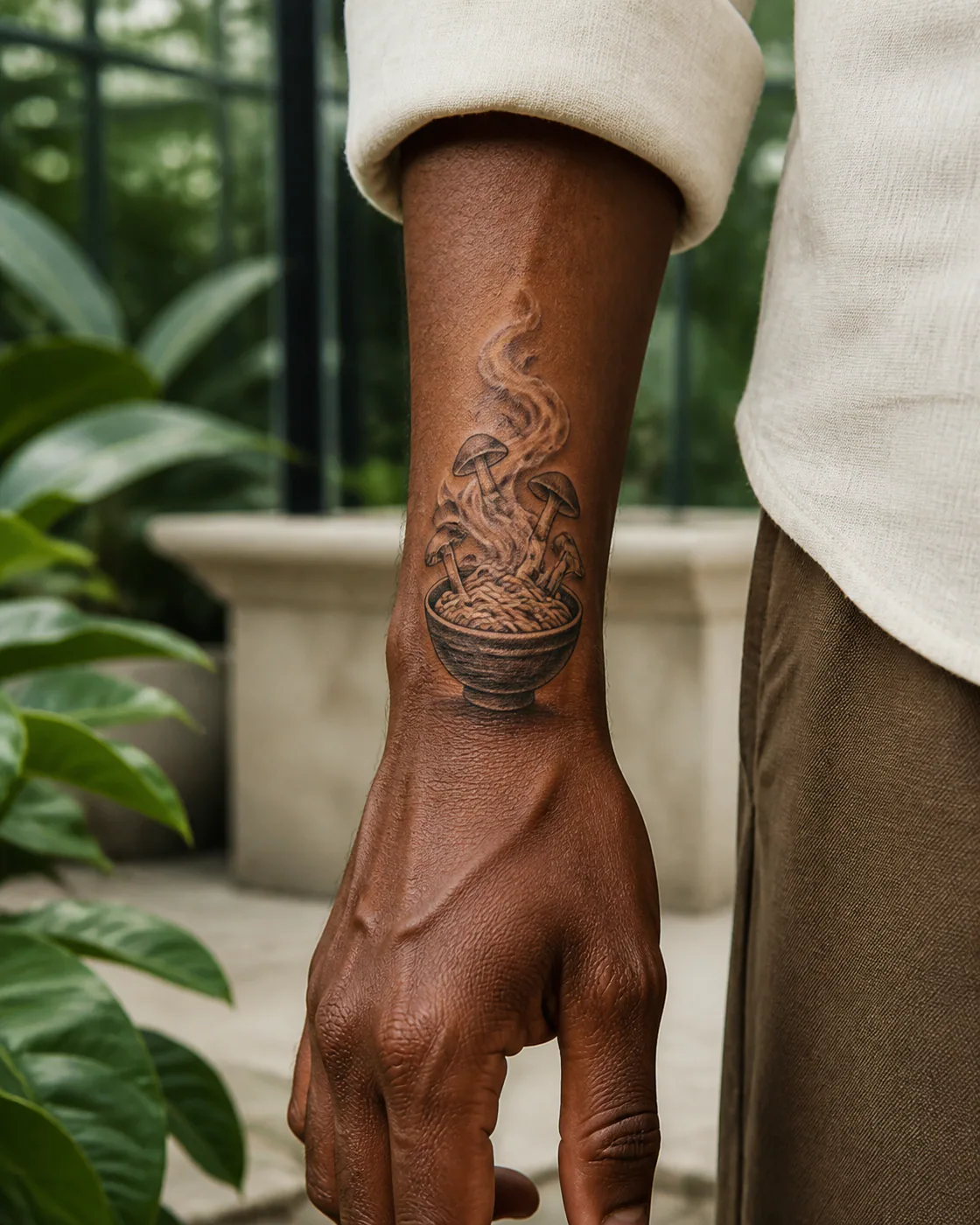 Surrealism tattoo of a ramen bowl with mushrooms and curling aromatic steam on the wrist