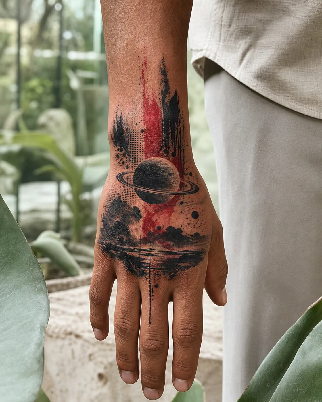 Trash Polka tattoo of a ringed planet suspended over a dark horizon on the back of hand