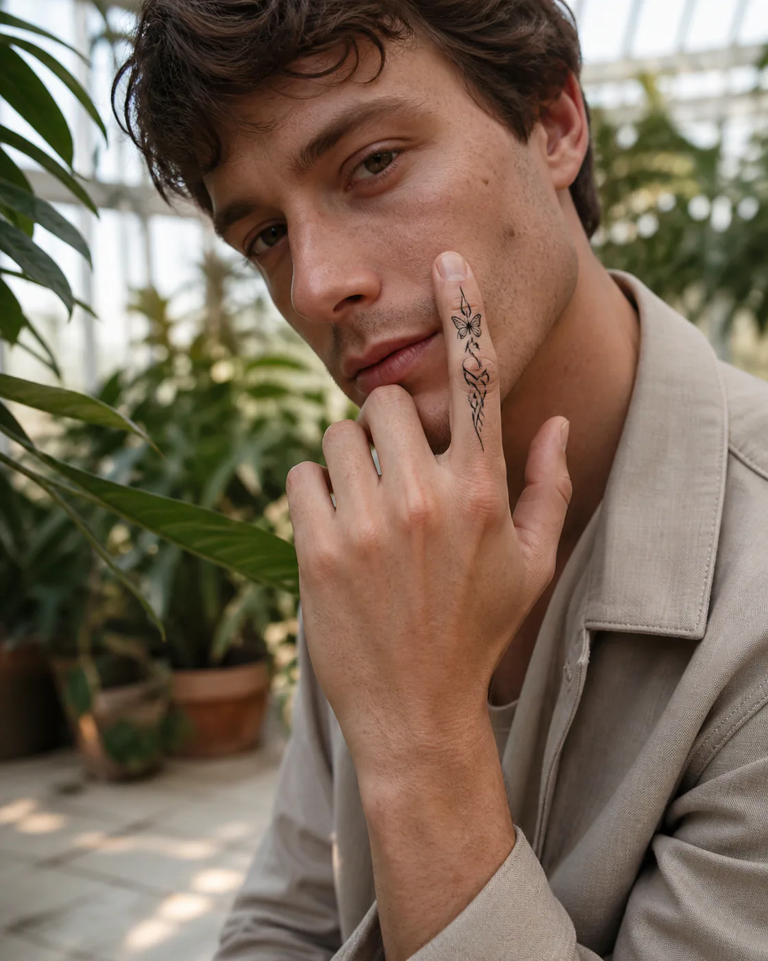 Tribal tattoo of silver fish swimming through banks of clouds with an integrated butterfly on the finger