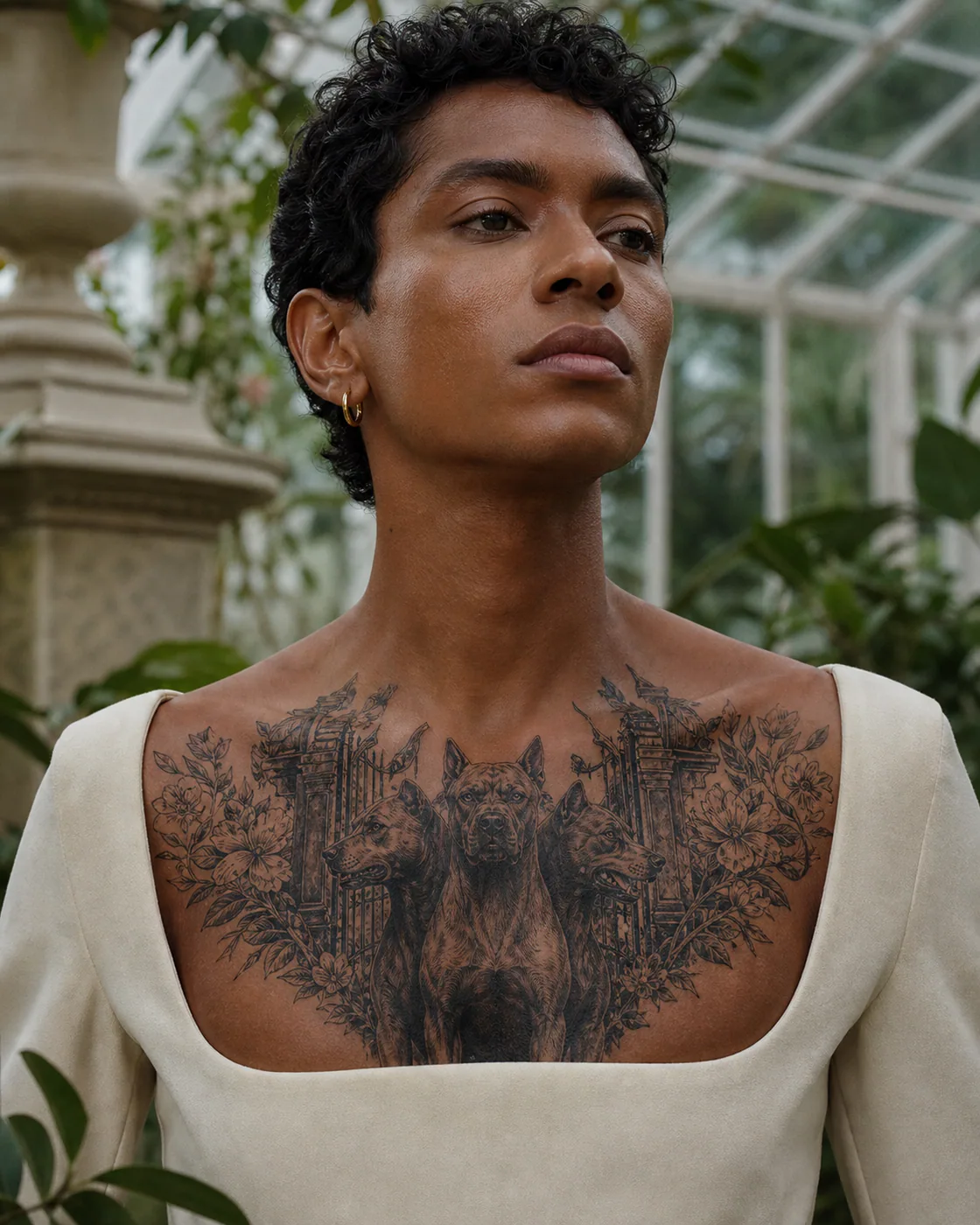 Floral tattoo of a three-headed hound guarding a broken gateway on the chest