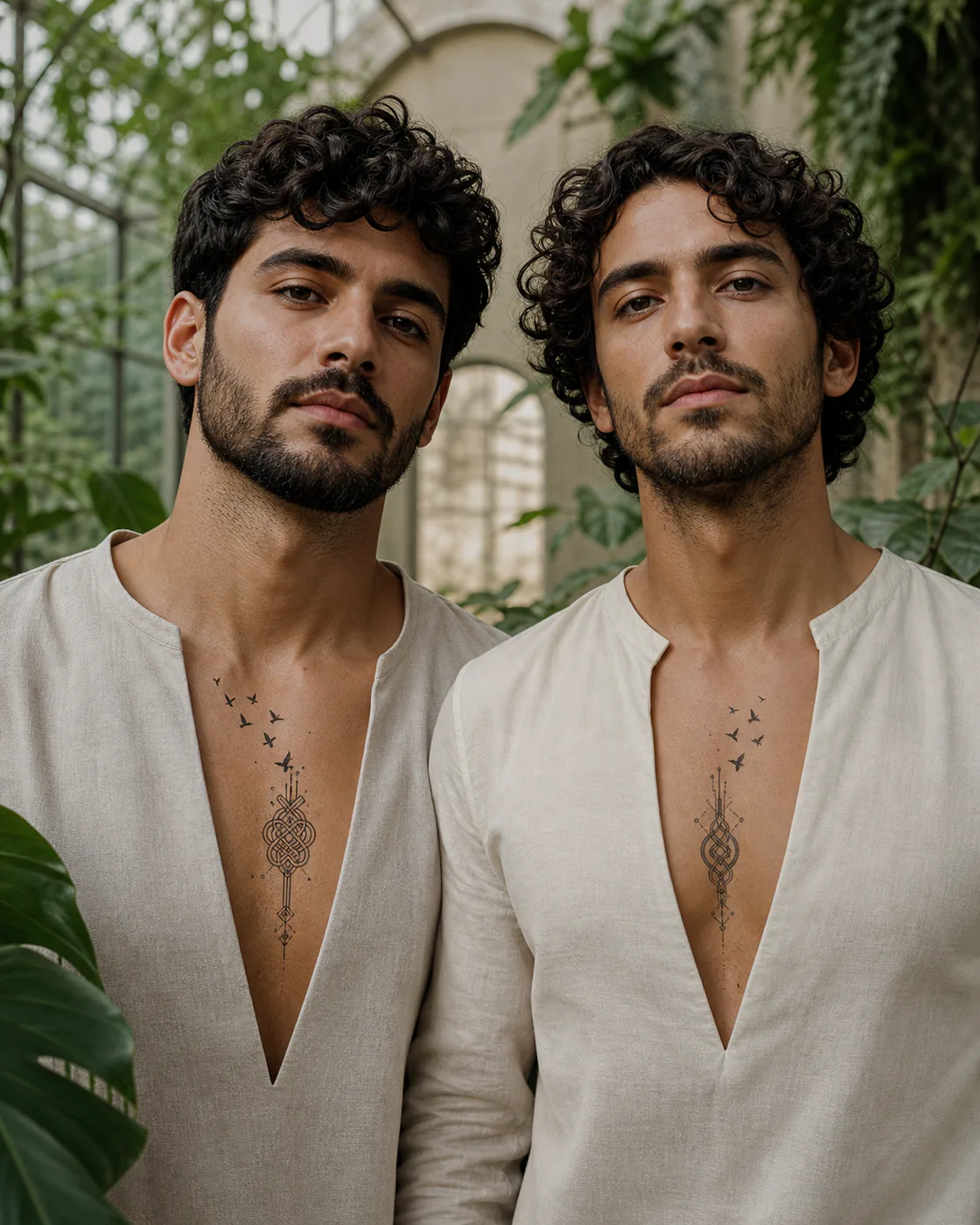 Cybersigilism tattoo of a tight rope knot gradually releasing into birds as a complementary couple tattoo pair on the sternum