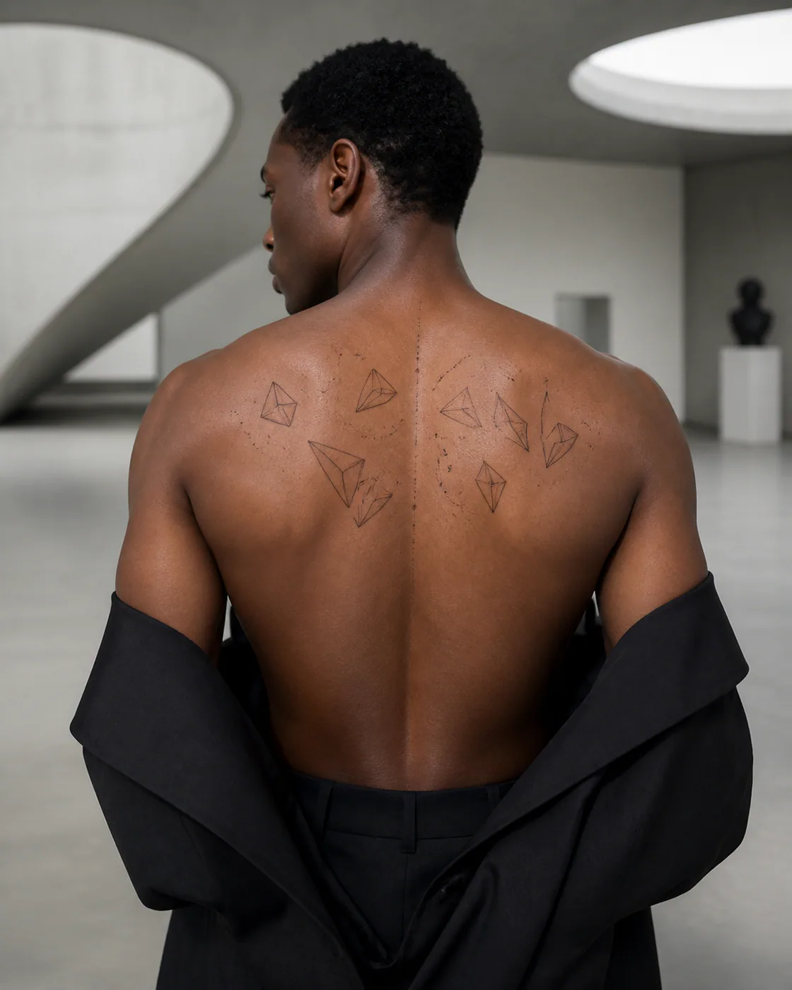 Fine Line tattoo of floating geometric shards connected by stippled trails on the upper back