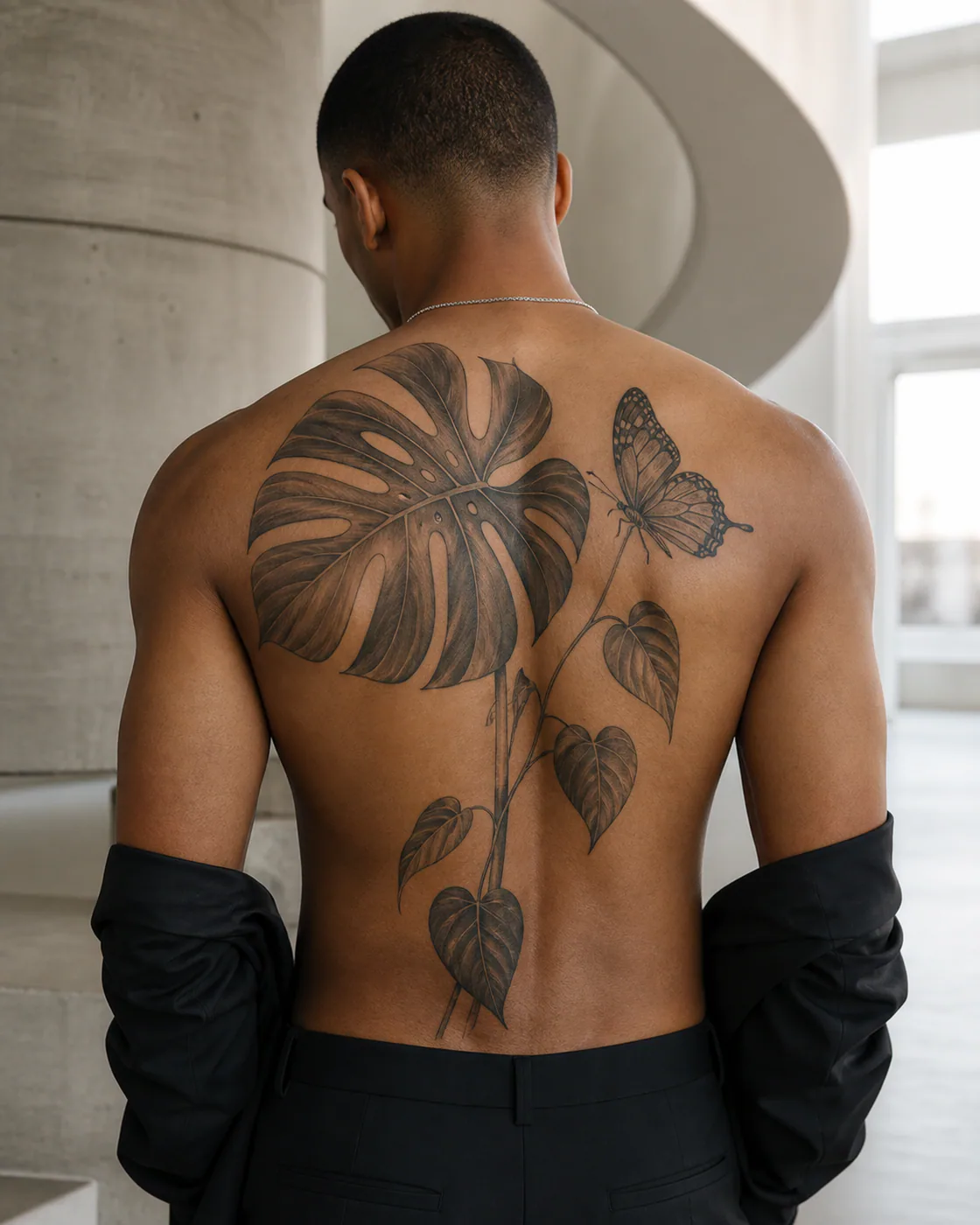 Minimalist tattoo of a split monstera leaf paired with trailing philodendron with an integrated butterfly on the full back