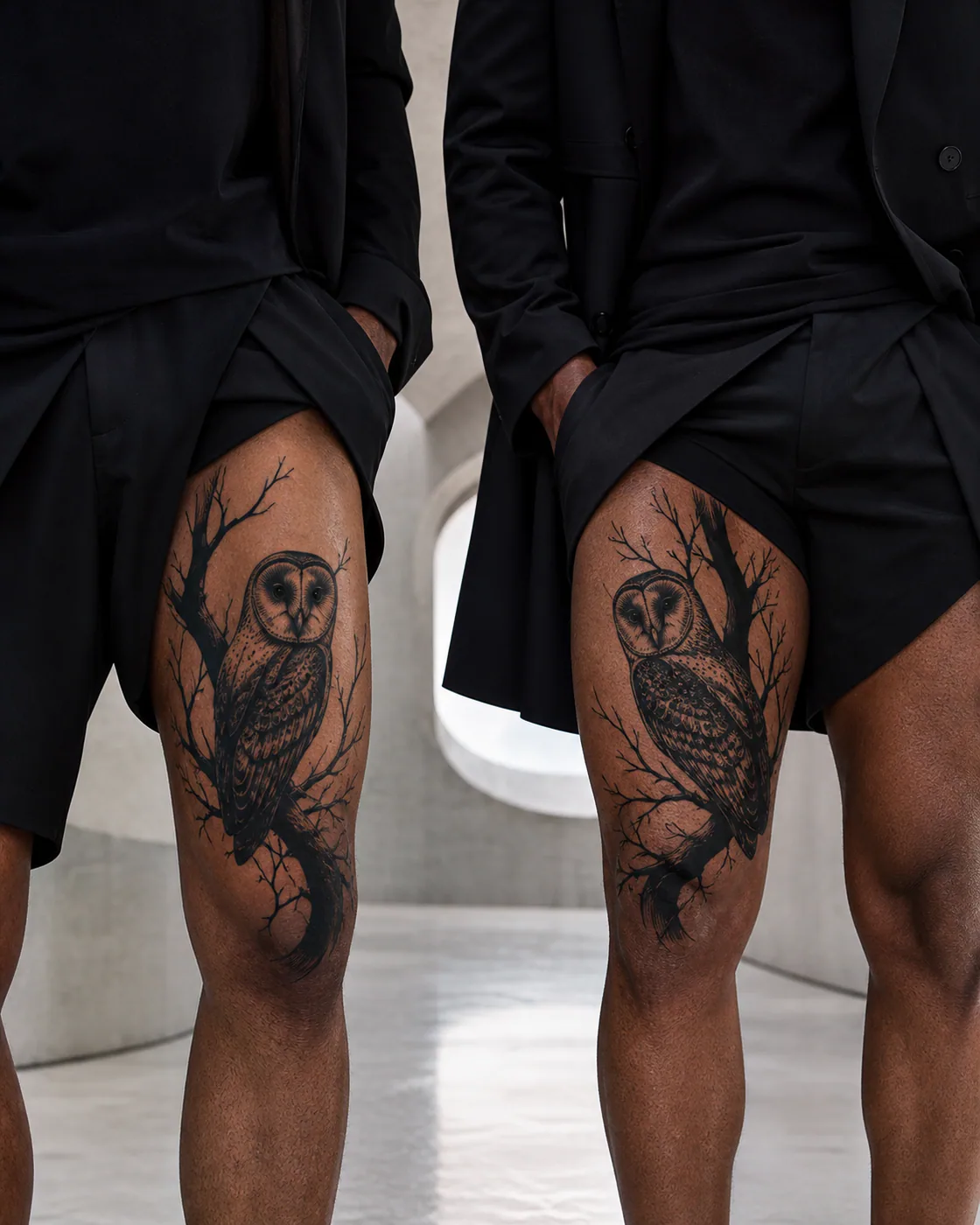 Blackwork tattoo of a watchful barn owl among winter branches as a complementary couple tattoo pair on the outer thigh