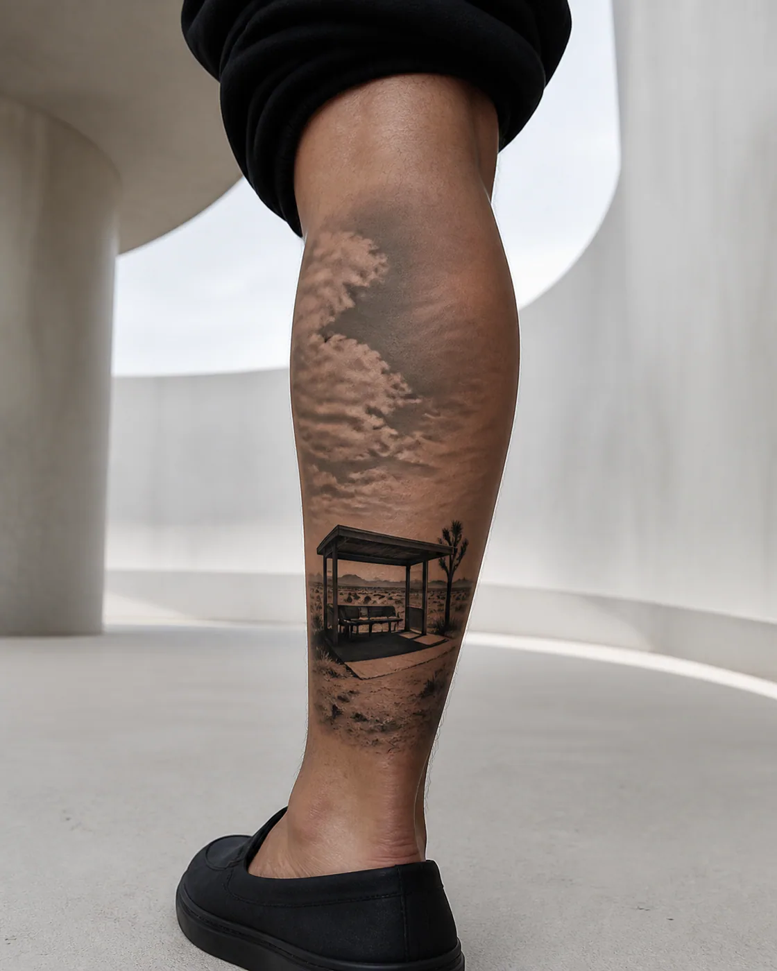 Realism tattoo of a desert roadside shelter beneath a huge empty sky on the calf