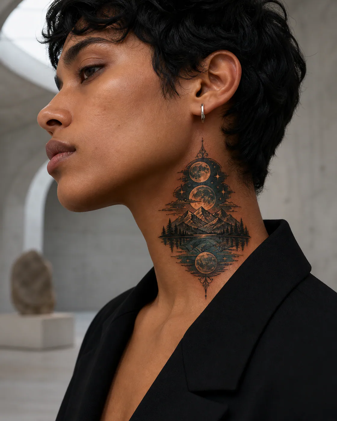 Neo-Traditional tattoo of twin moons reflected in a still alpine lake on the side of neck
