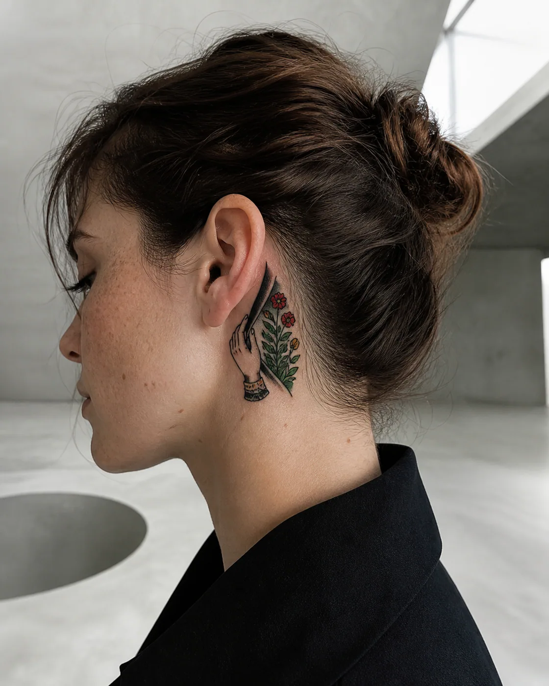 American Traditional tattoo of a hand opening a portal filled with wild plants executed as a healed cover-up on the behind the ear