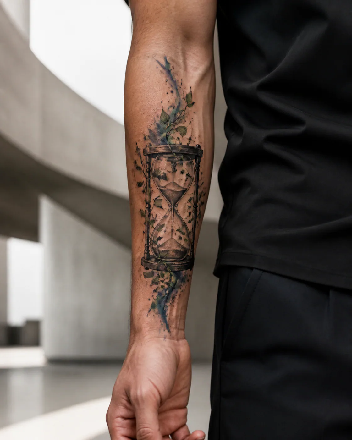 Watercolor tattoo of an hourglass reclaimed by climbing vines on the forearm