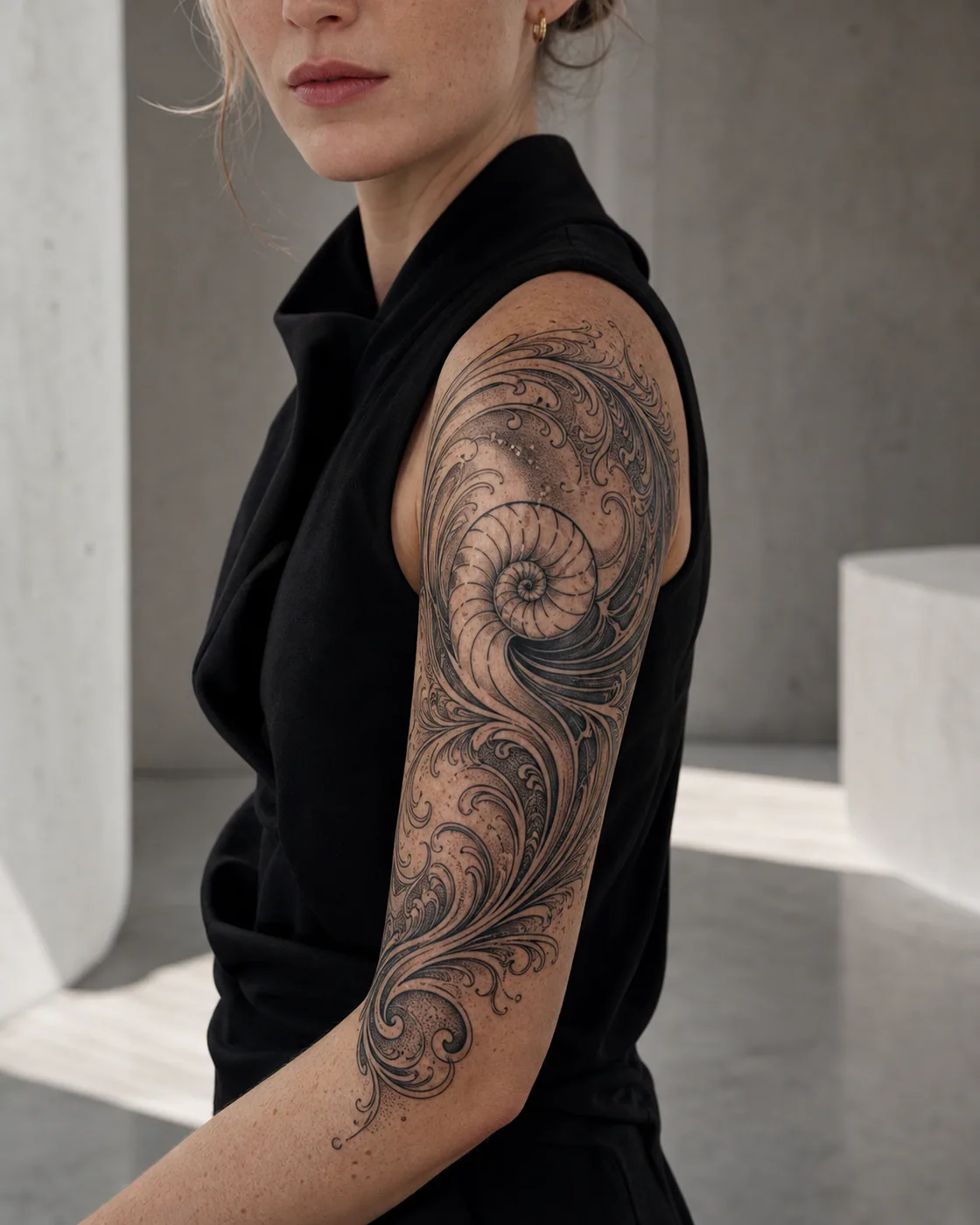 Ornamental tattoo of a nautilus shell opening into concentric currents on the half sleeve