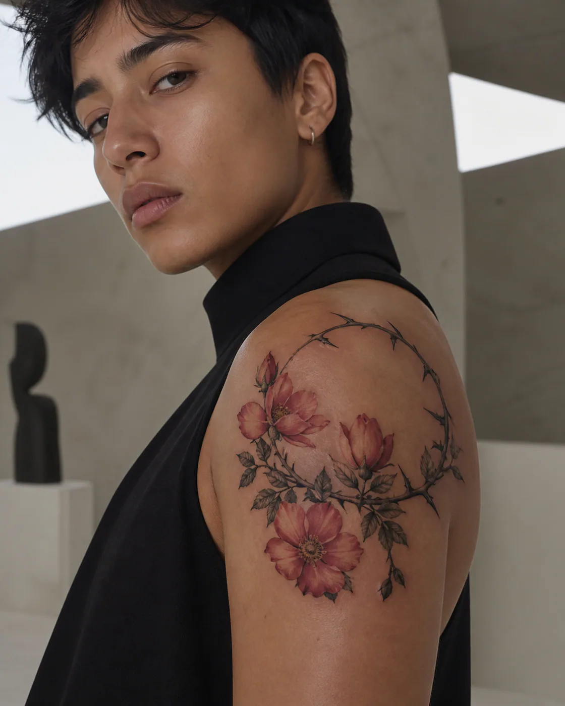 Surrealism tattoo of wild roses climbing through a loose thorn arc on the shoulder cap