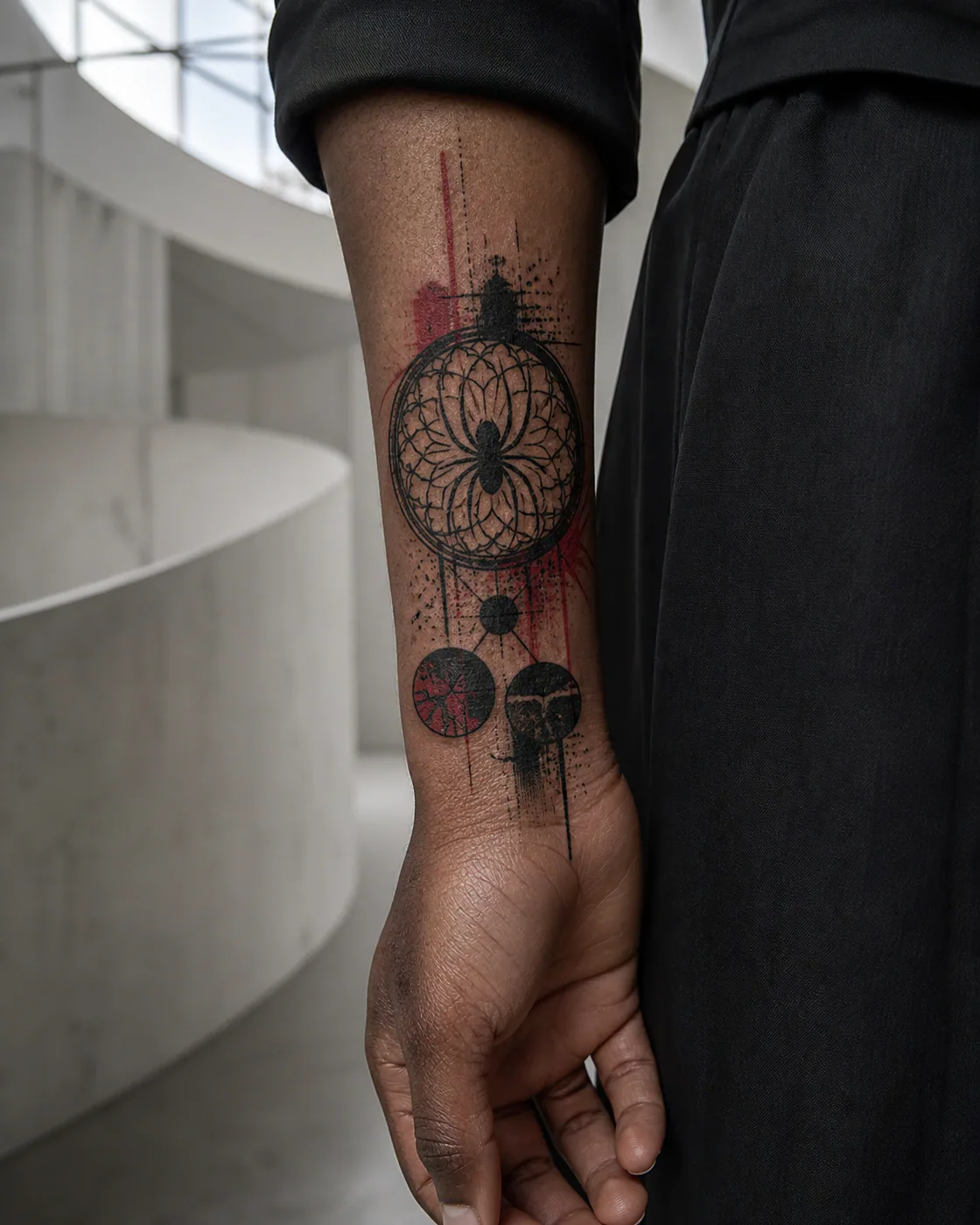 Trash Polka tattoo of a spider suspended inside a stained-glass rosette with a three-part family motif on the wrist