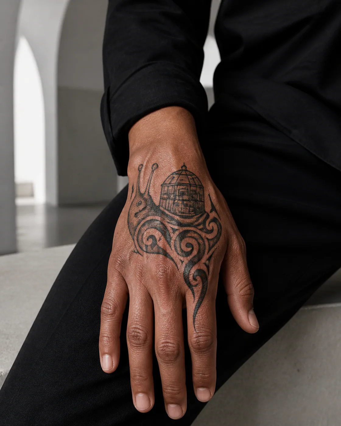 Tribal tattoo of a snail carrying a miniature glasshouse shell on the back of hand