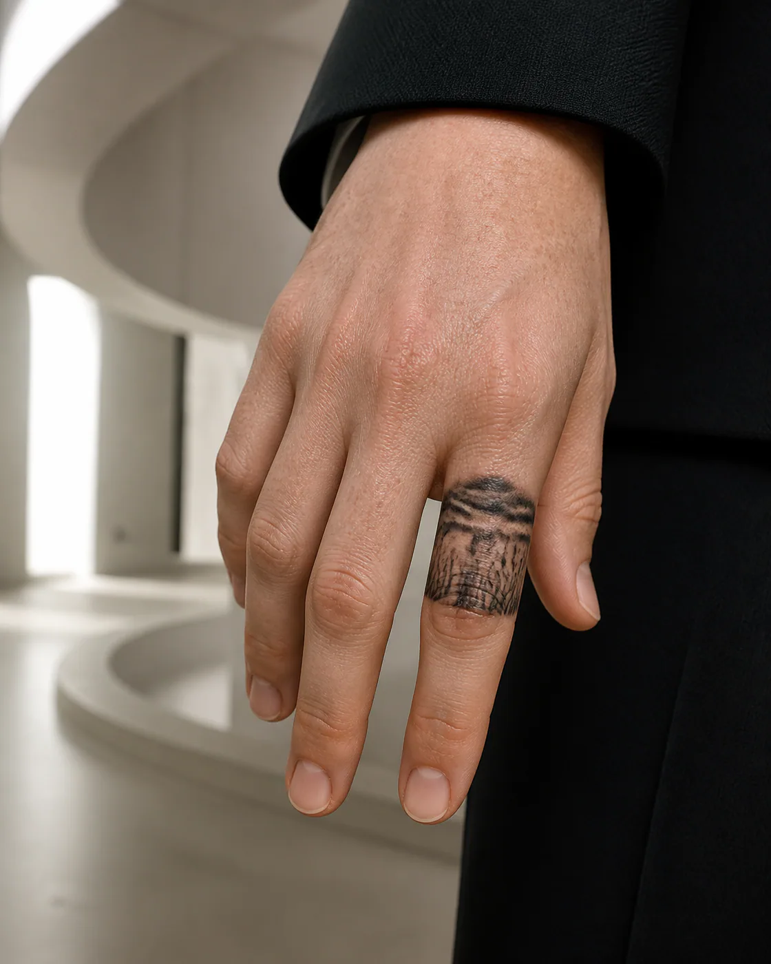 Floral tattoo of storm clouds rolling above a field of reeds executed as a healed cover-up on the finger