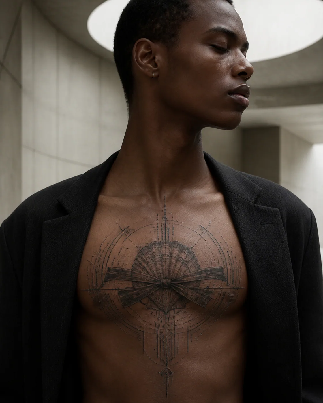 Cybersigilism tattoo of a seashell tied with a weathered fabric ribbon on the chest