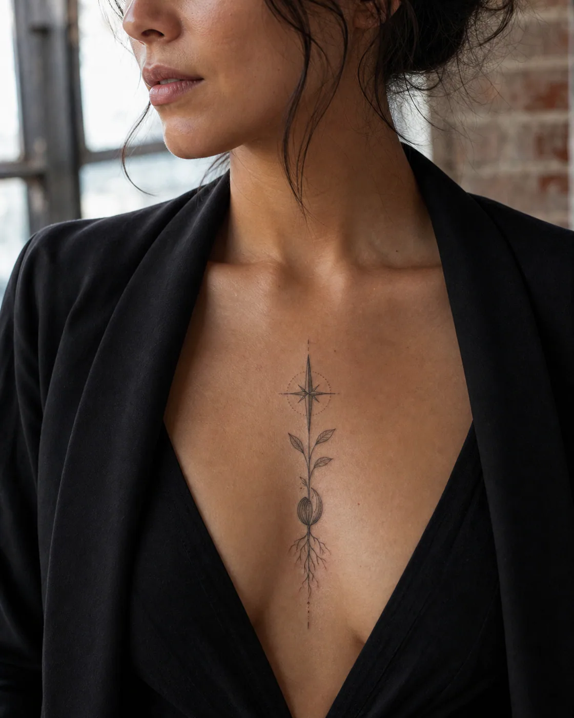 Fine Line tattoo of a compass needle emerging from a germinating seed with a three-part family motif on the sternum