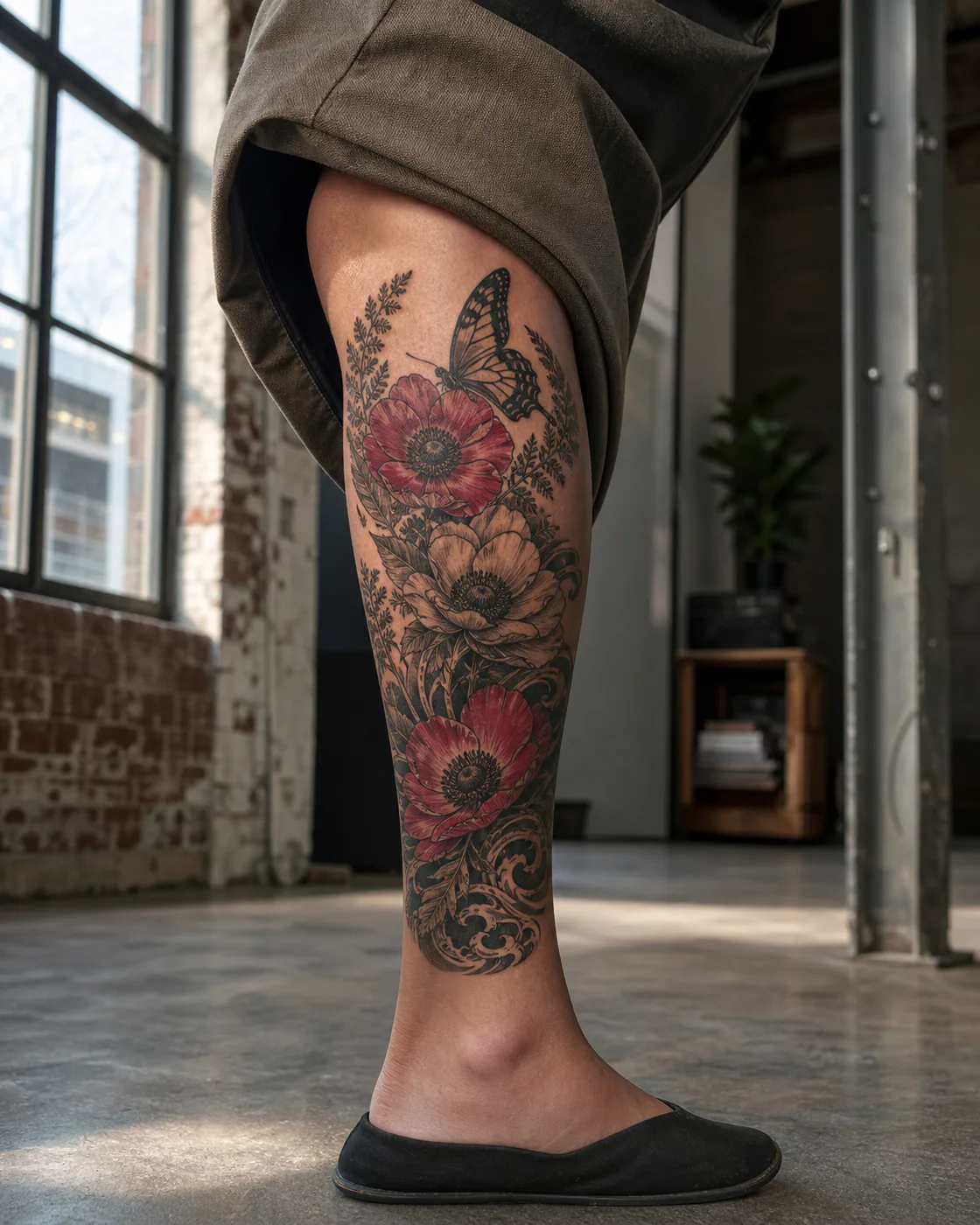 Japanese tattoo of anemones gathered with delicate fern tips with an integrated butterfly on the calf