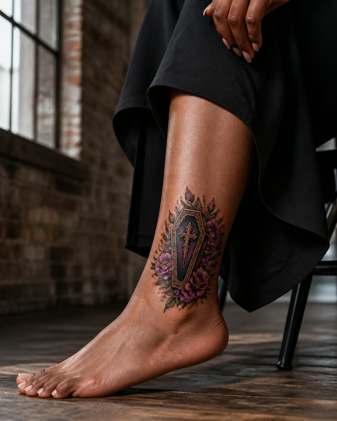 Neo-Traditional tattoo of an ornate coffin surrounded by night-blooming flowers on the ankle