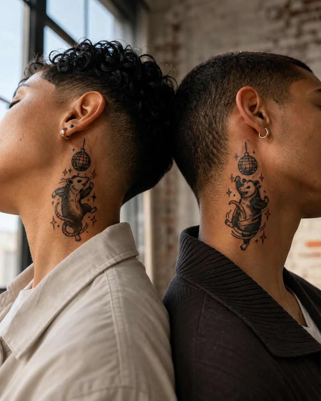 American Traditional tattoo of a cheerful possum spinning beneath a mirror ball as a complementary couple tattoo pair on the side of neck
