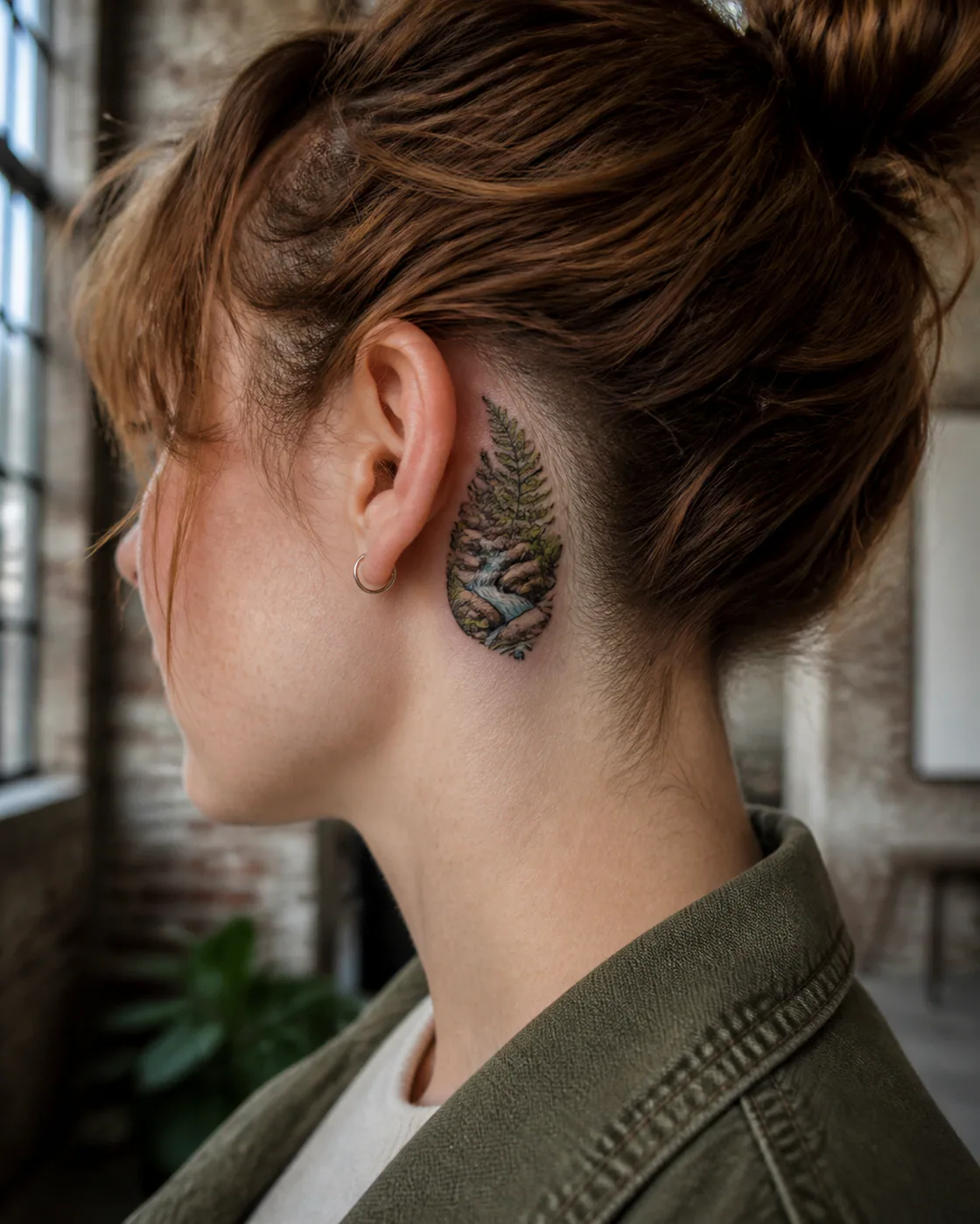 New School tattoo of a woodland creek winding between ferns and stones on the behind the ear