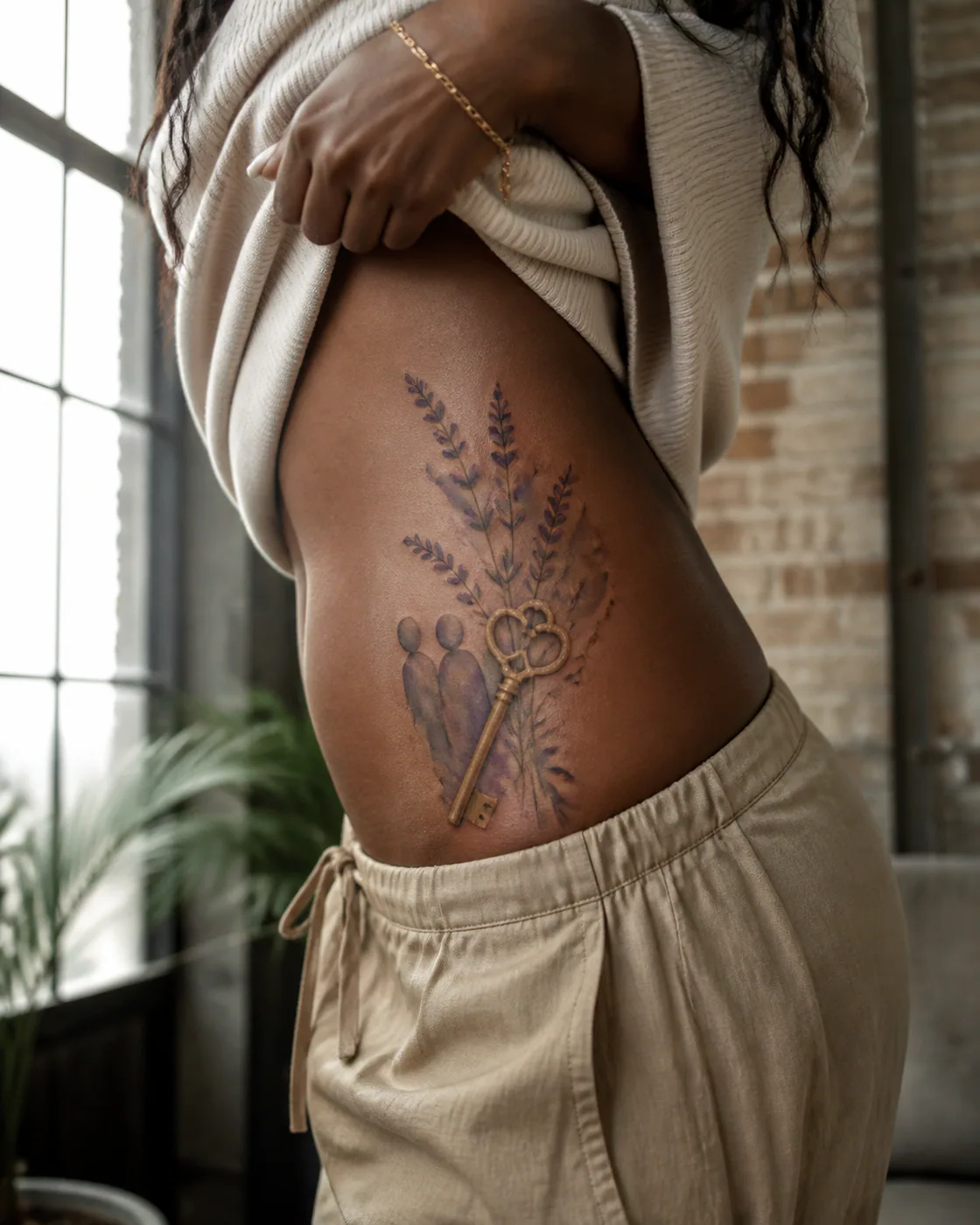 Watercolor tattoo of a small brass key laid over dried lavender with a three-part family motif on the hip