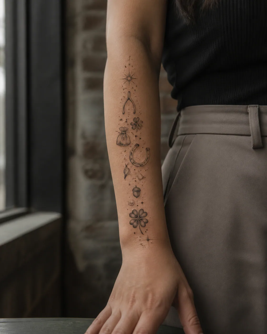 Dotwork tattoo of a set of small lucky objects with no written symbols on the forearm