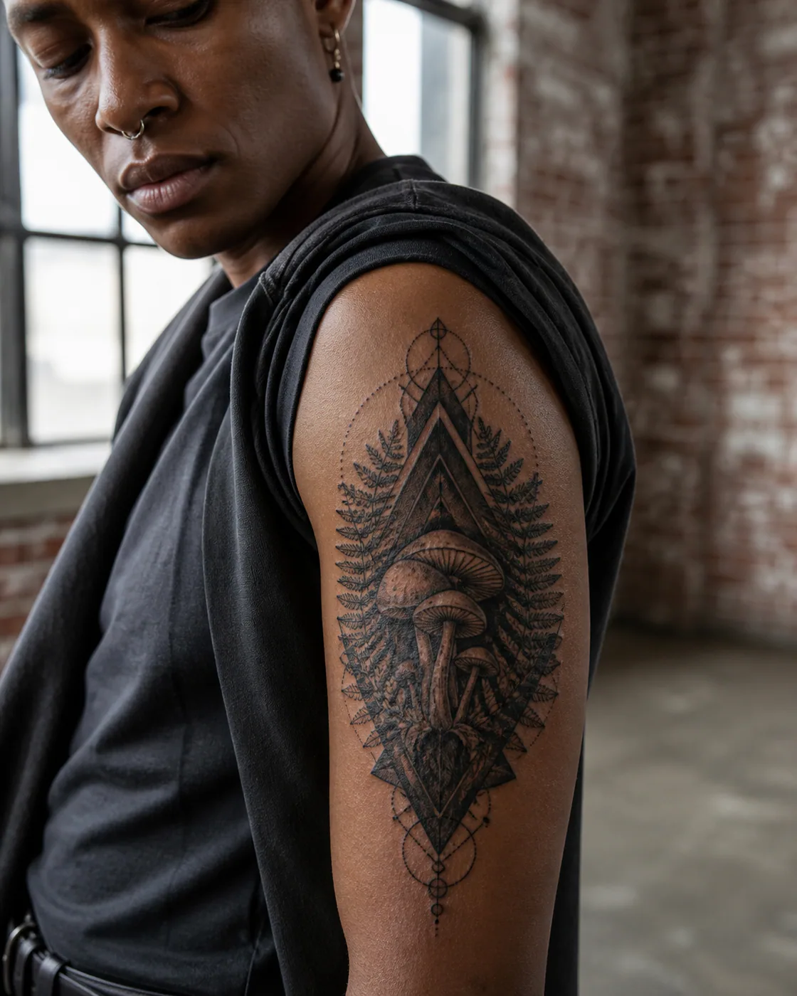 Geometric tattoo of woodland mushrooms sheltered beneath layered ferns executed as a healed cover-up on the upper arm