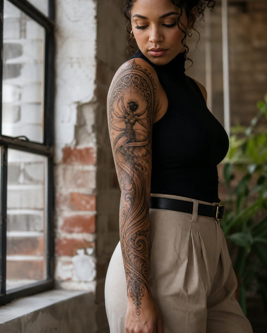 Ornamental tattoo of an anonymous dancer turning through ribbons of motion on the full sleeve