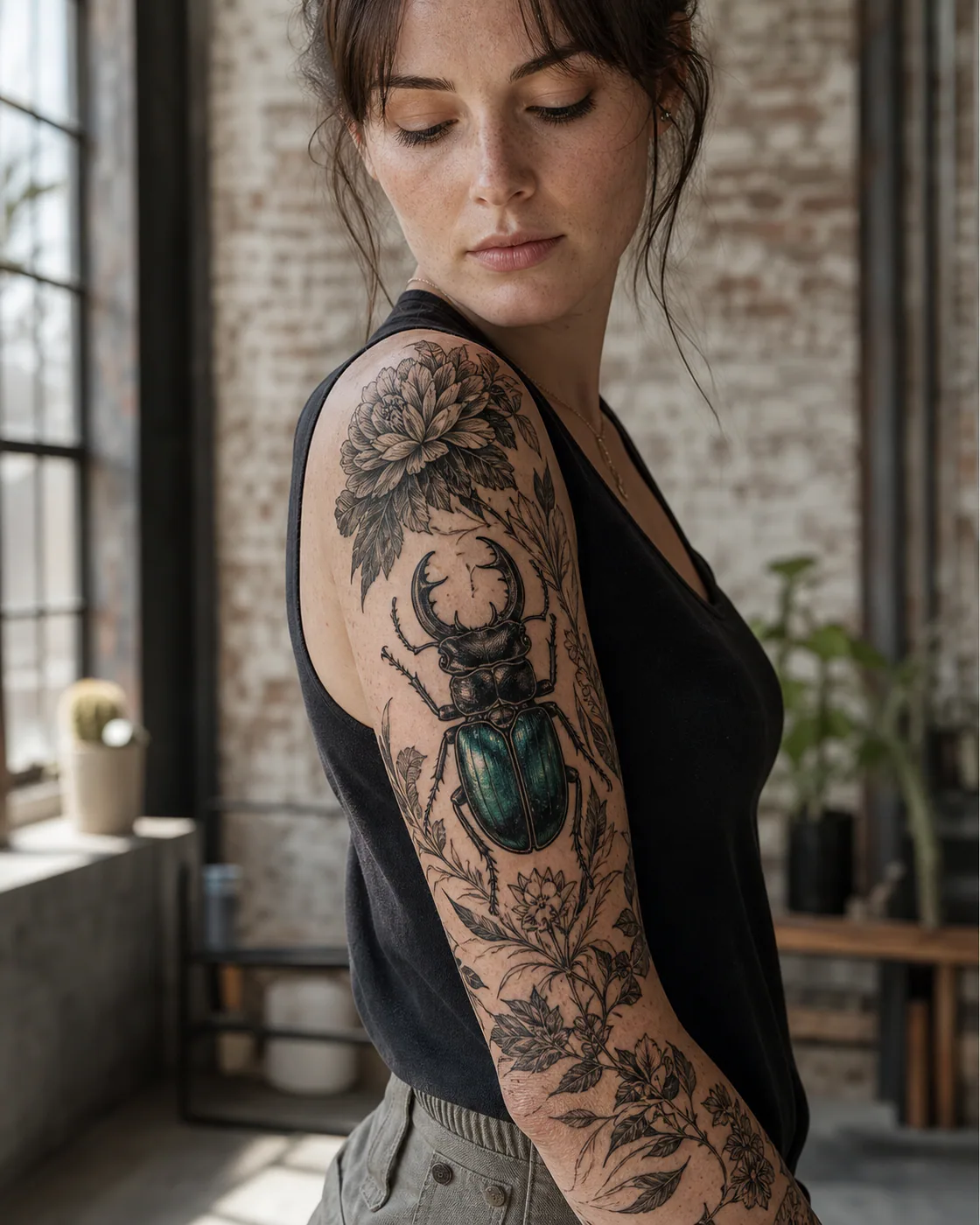 Illustrative tattoo of a stag beetle with jewel-like wing cases on the half sleeve