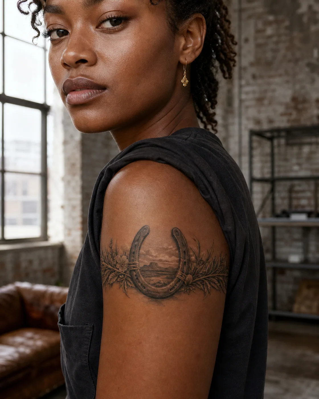 Surrealism tattoo of an old horseshoe tied with sage and prairie grass on the armband