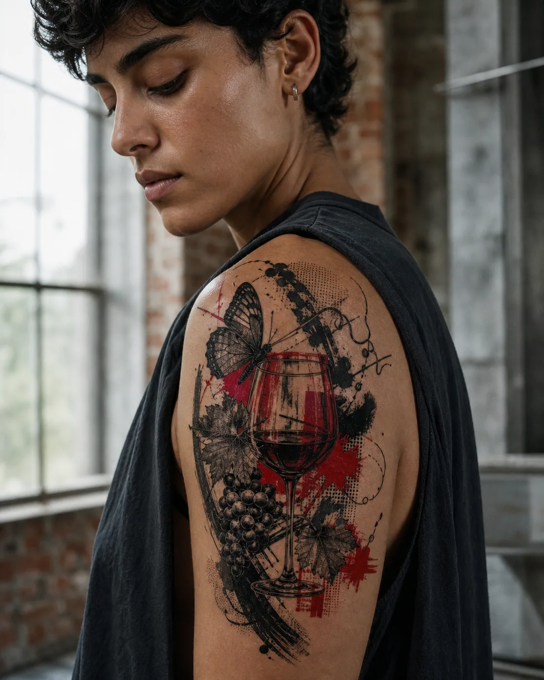 Trash Polka tattoo of a stemmed glass framed by grapes and winding tendrils with an integrated butterfly on the shoulder cap
