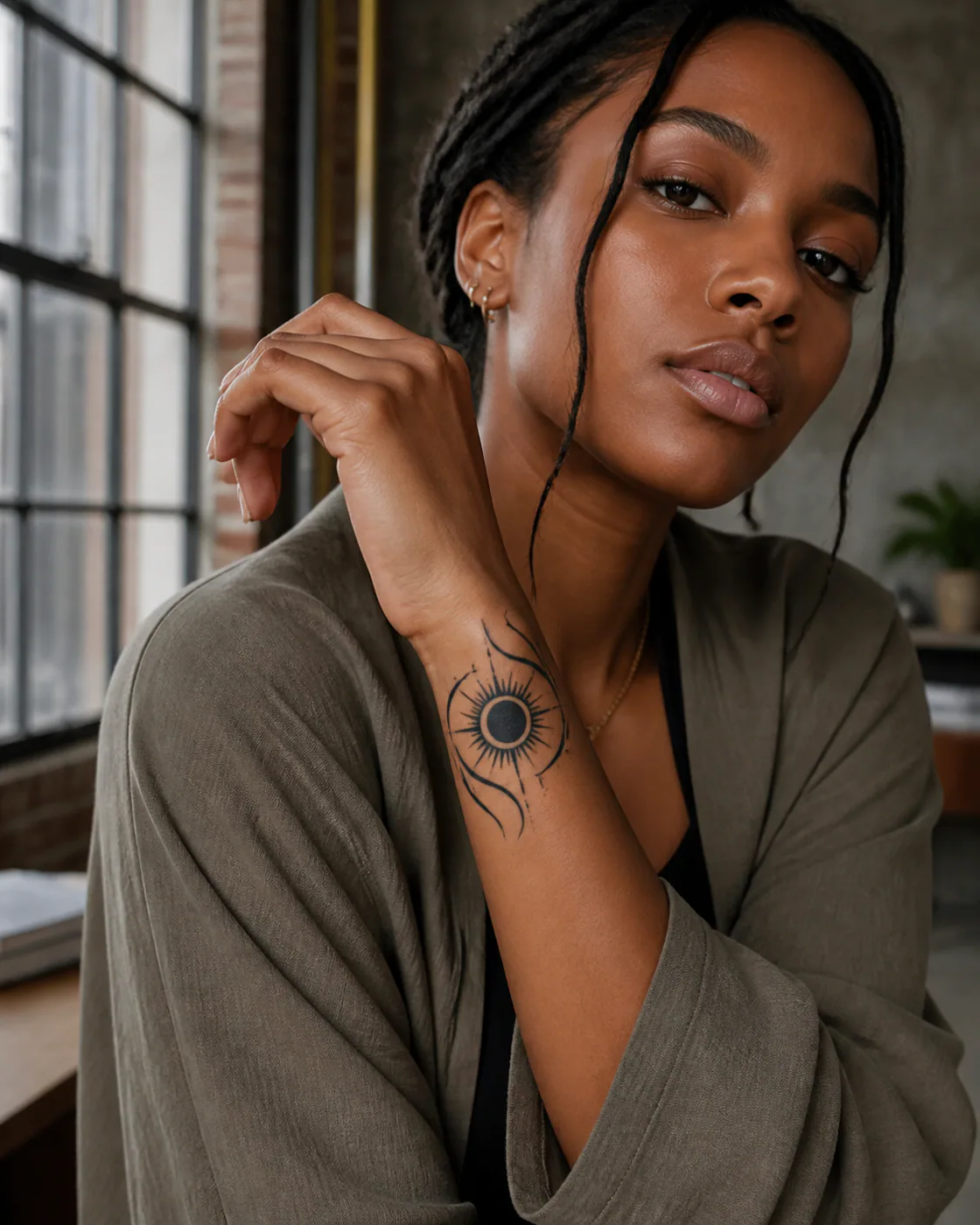 Tribal tattoo of a radiant sun disk wrapped by a narrow eclipse shadow on the wrist