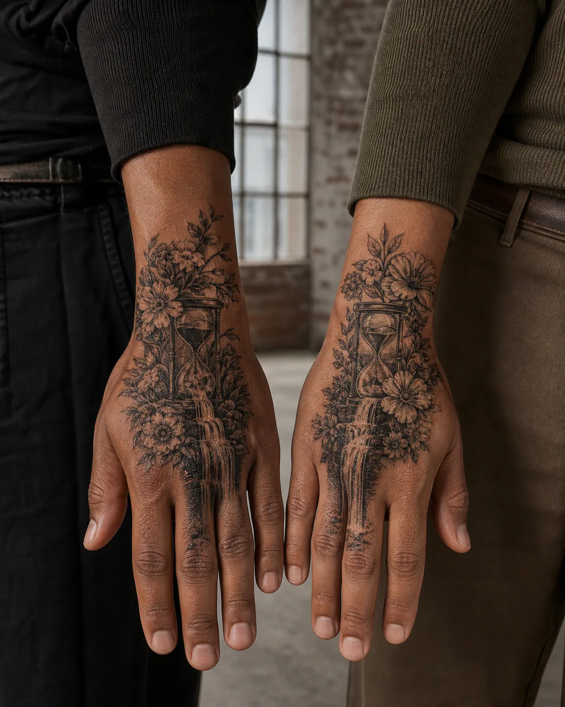 Floral tattoo of an hourglass releasing two opposing waterfalls as a complementary couple tattoo pair on the back of hand