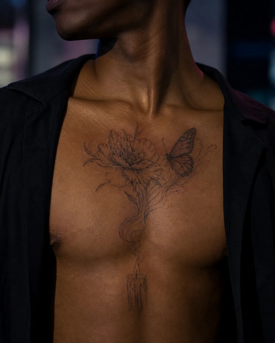 Fine Line tattoo of candle smoke transforming into a familiar garden bloom with an integrated butterfly on the chest