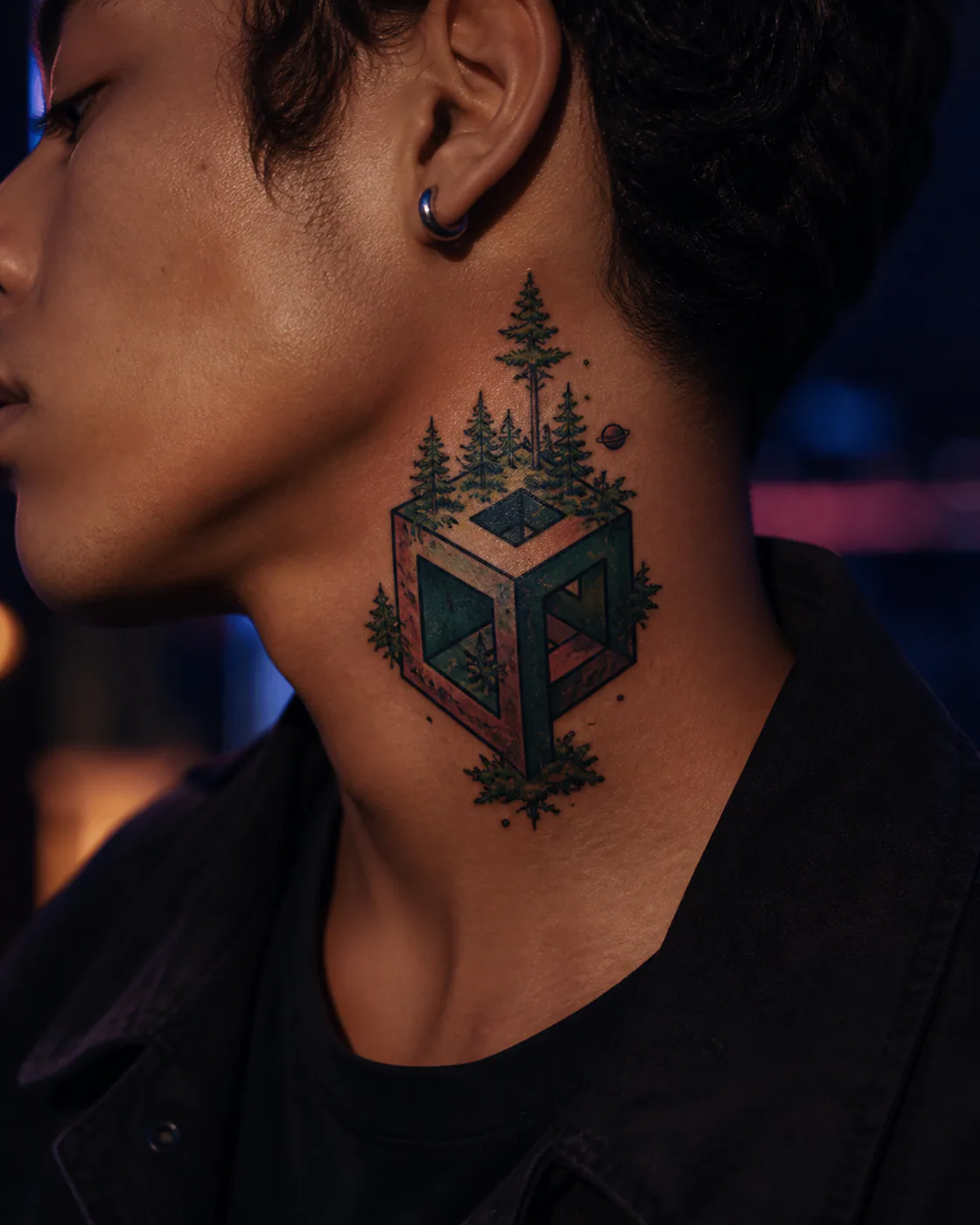 New School tattoo of an impossible cube growing a miniature forest on the side of neck