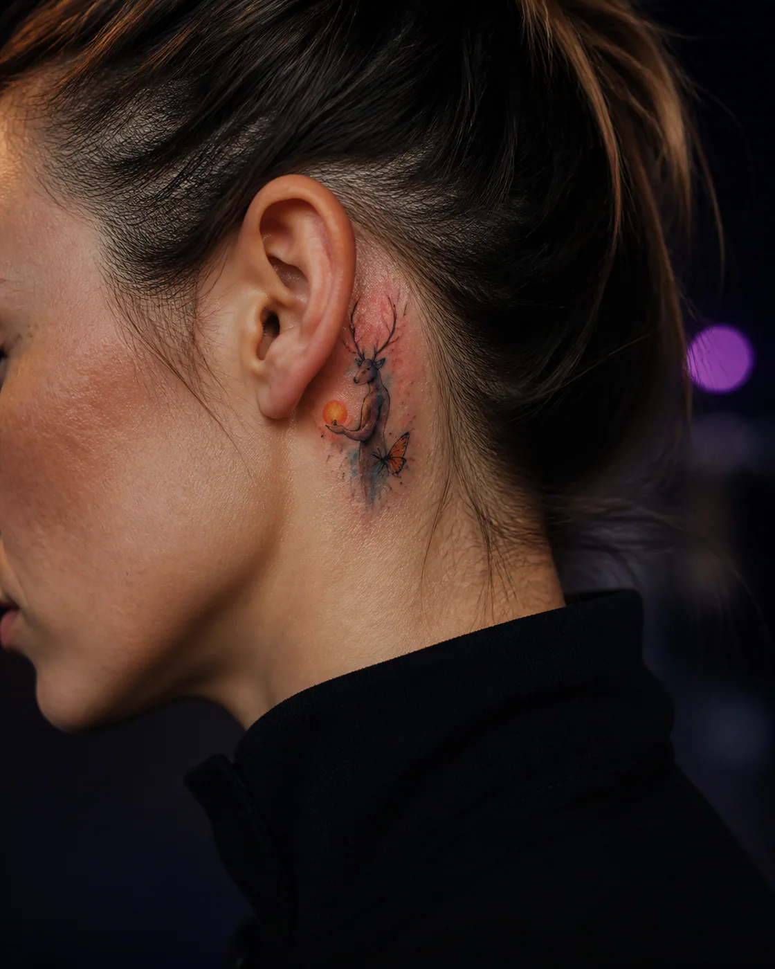 Watercolor tattoo of an antlered forest spirit carrying a small sun with an integrated butterfly on the behind the ear