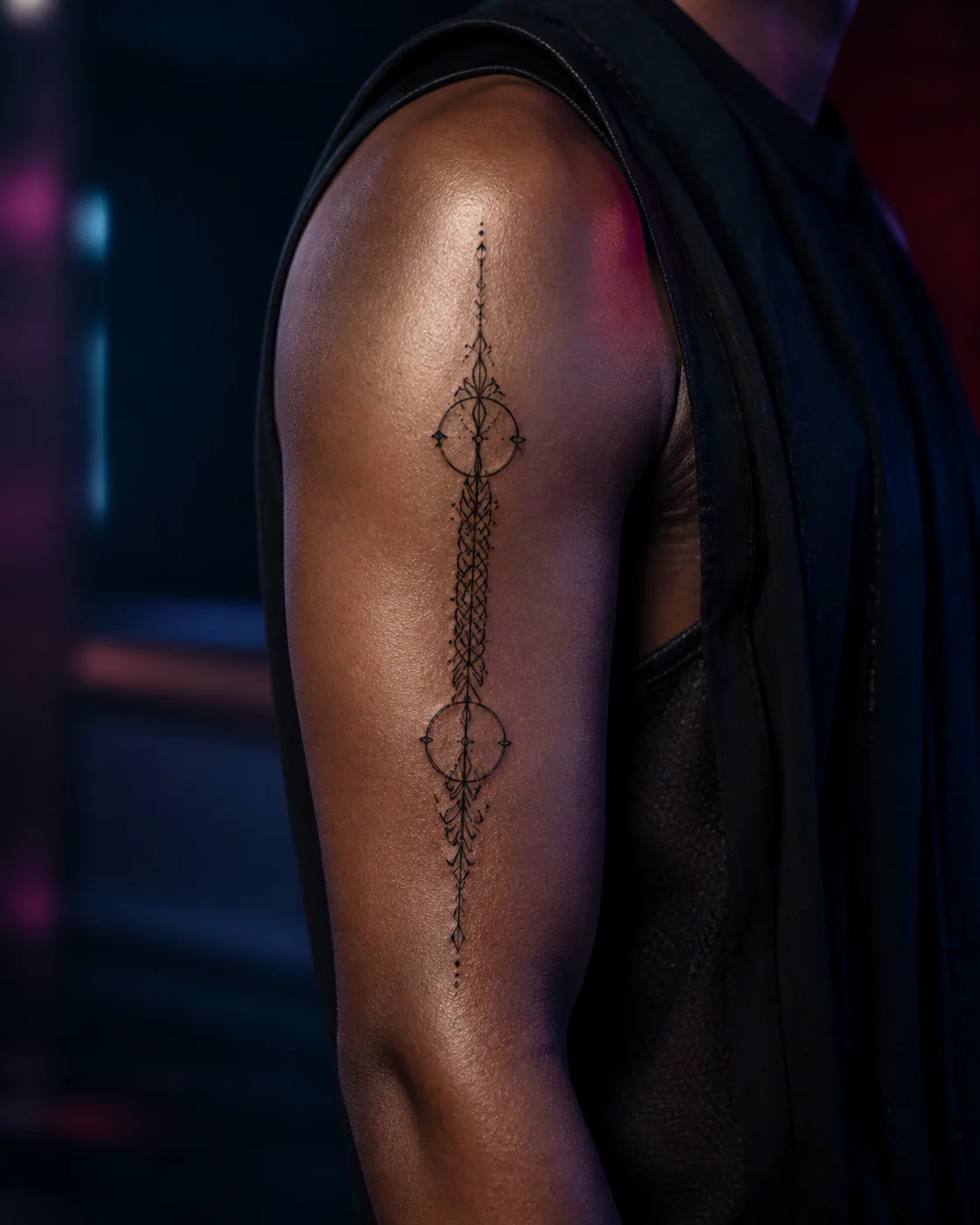 Ornamental tattoo of a braided line system passing through open circles on the upper arm