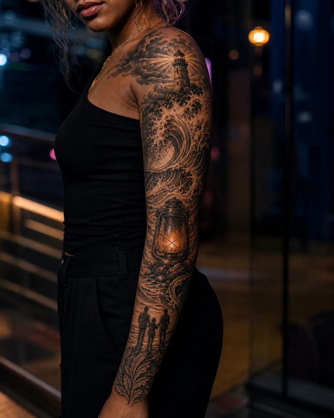 Illustrative tattoo of a storm lantern glowing beside a breaking wave with a three-part family motif on the full sleeve