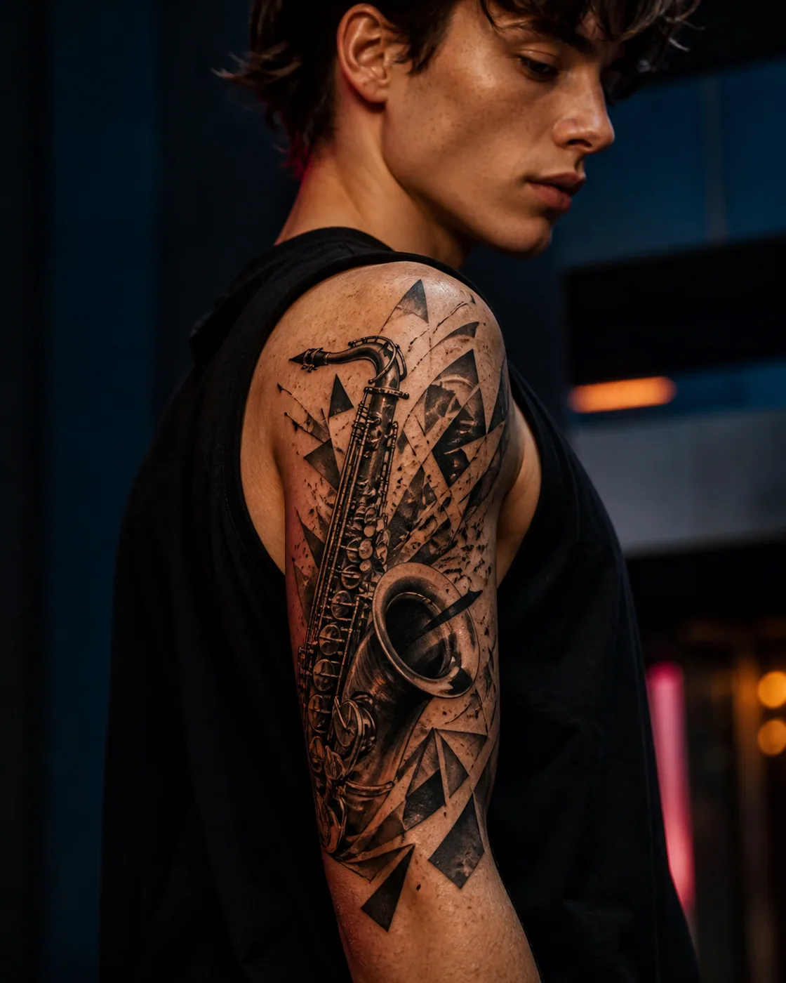 Surrealism tattoo of a saxophone silhouette breaking into angular rhythm marks on the half sleeve