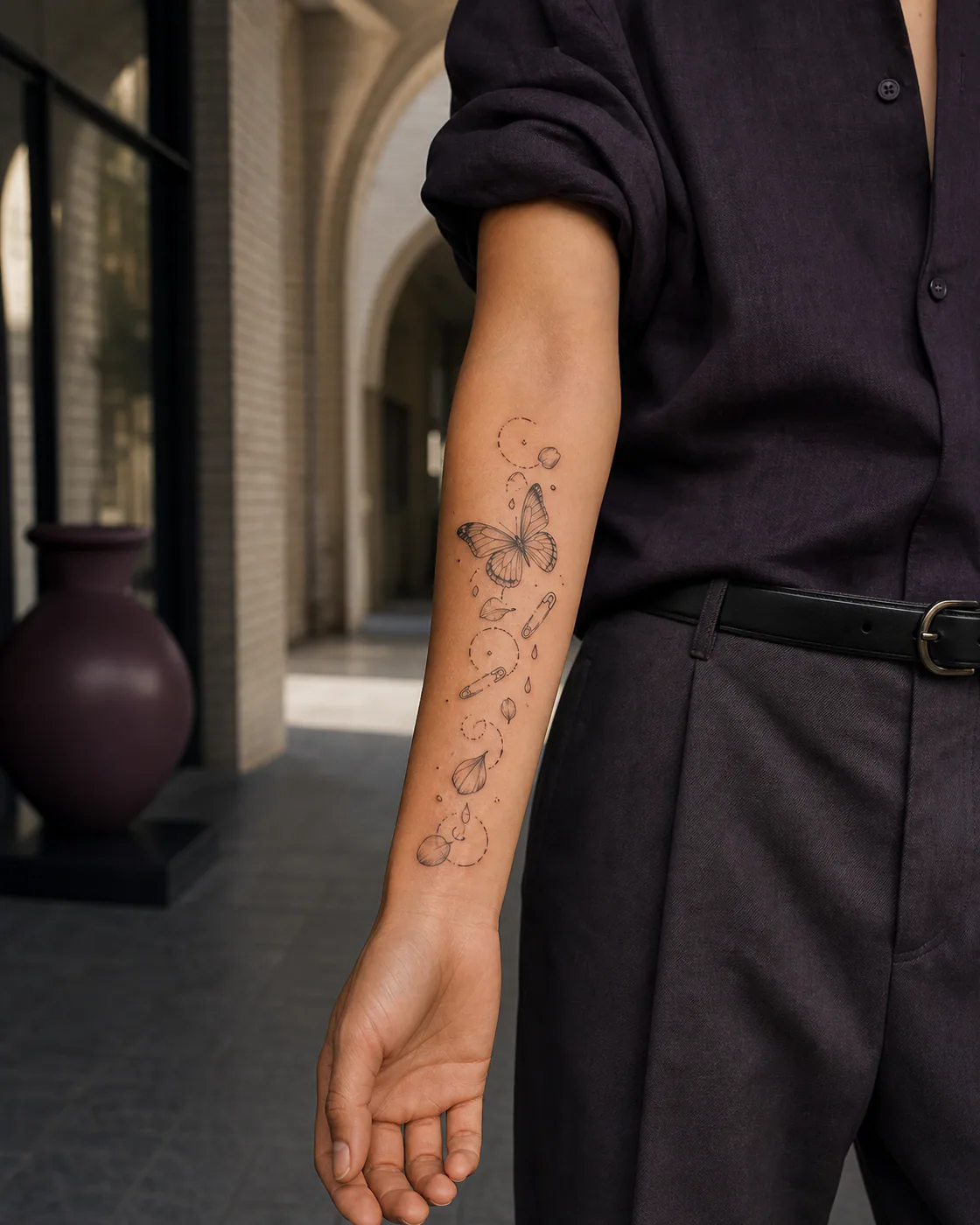 Fine Line tattoo of tiny safety pins, petals, droplets, and broken circles with an integrated butterfly on the forearm