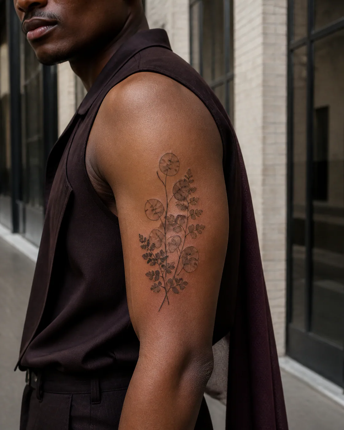 Minimalist tattoo of a maidenhair fern woven through dried honesty seed pods on the upper arm