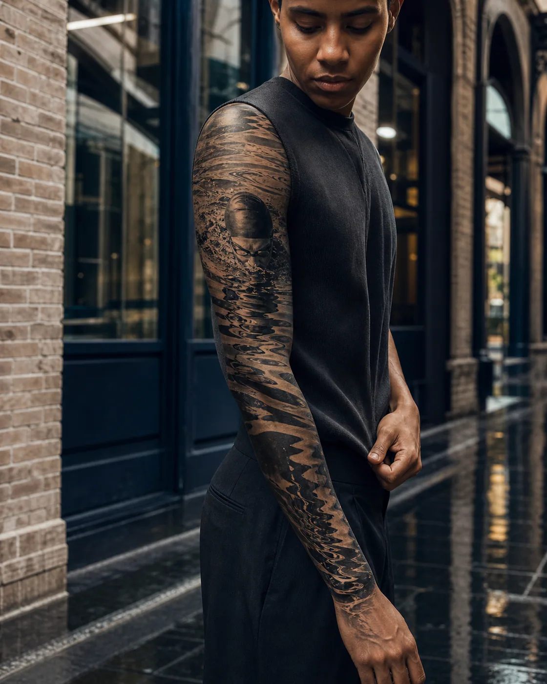 Black and Gray tattoo of an anonymous swimmer surfacing through broken reflections executed as a healed cover-up on the full sleeve