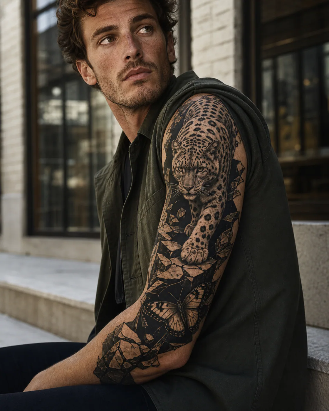 Blackwork tattoo of a snow leopard stepping across fractured slate ledges with an integrated butterfly on the half sleeve