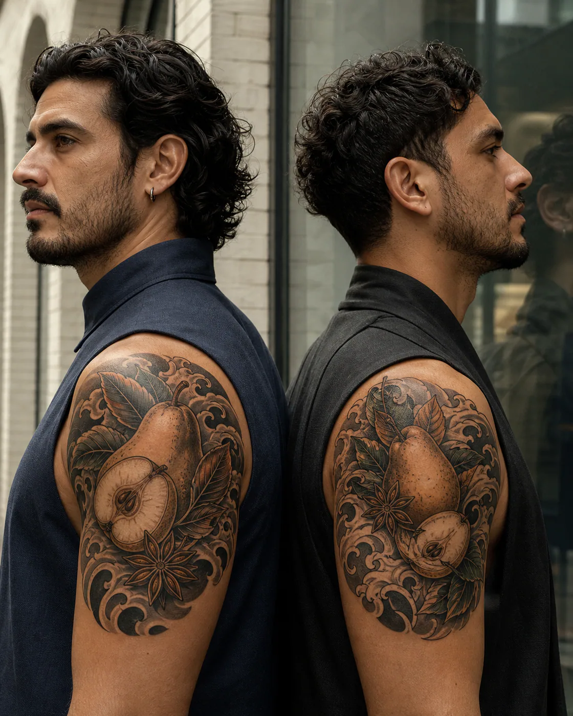 Japanese tattoo of a pear cut open beside star anise and folded leaves as a complementary couple tattoo pair on the shoulder cap