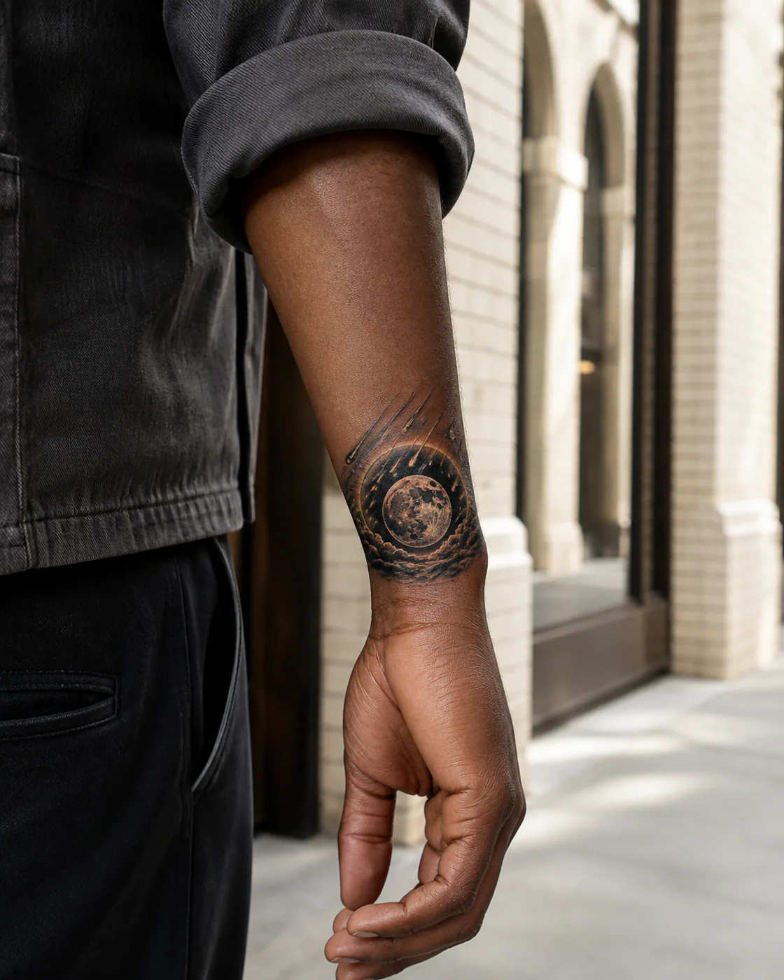 Neo-Traditional tattoo of a meteor shower descending behind a quiet lunar halo on the wrist